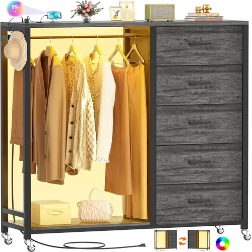 Cyclysio Cómoda con estante para colgar, 5 cajones de tela con perchero, cómoda de almacenamiento superior de madera con estación de carga y luces