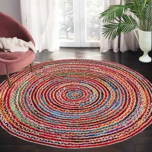 Miniatura 7 de Alfombra redonda de yute tejida a mano de 3 pies - Alfombras bohemias coloridas para sala de estar - Alfombra bohemia multicolor trenzada a mano