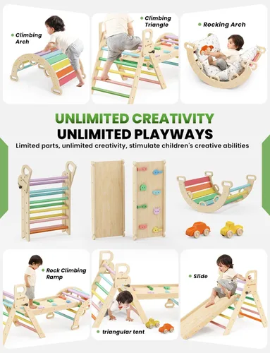 Miniatura 3 de BlueWood Conjunto de Triángulo Pikler con Cojín - Juguetes de Escalada para Niños Pequeños 9-en-1, Gimnasio de Juegos con Filosofía Montessori