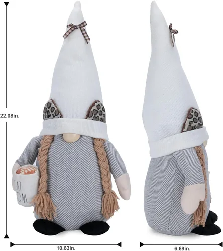 Miniatura 3 de Rae Dunn Gnomo Mamá de Gato – Gnomo de Peluche Blanco y Gris con Taza de Café, Orejas de Gato y Trenzas – Lindo Gnomo de Peluche – Decoración