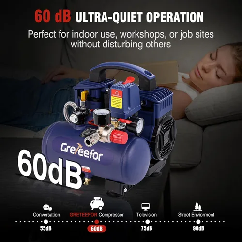 Miniatura 3 de Compresor de aire, 1 galón ultra silencioso portátil 60 dB, llenado rápido de 13 segundos, compacto de 1 galón, sin aceite para inflar neumáticos