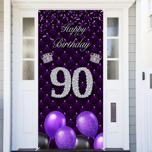 Miniatura 16 de Cartel morado de feliz primer cumpleaños telón de fondo para cabina de fotos, globos de corona plateada, decoración temática para niña, aniversario