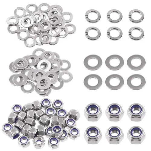 Miniatura 15 de Swpeet Kit de surtido de 150 piezas de tuercas hexagonales de bloqueo de acero inoxidable SAE 304 de 1/4"-20 y arandelas planas de 1/4