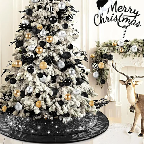 Miniatura 2 de Falda negra para árbol de Navidad de Halloween de 48 pulgadas, falda de árbol grande con purpurina para árbol de 7.5 pies, falda de árbol