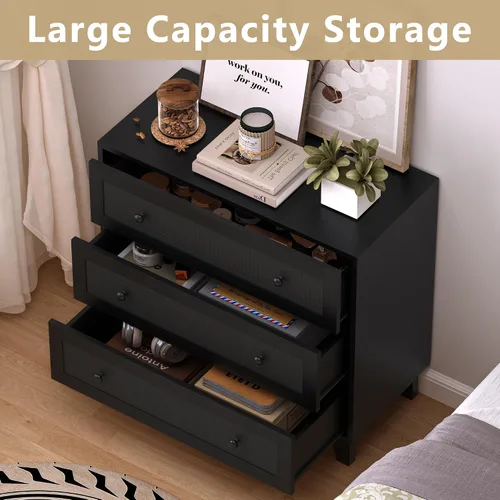 Miniatura 5 de Cómoda de 3 cajones para dormitorio, pequeña cómoda bohemia de ratán natural para armario, cajonera, organizador moderno de almacenamiento de ropa