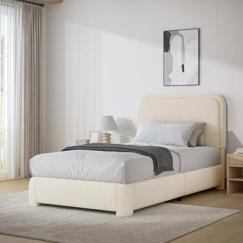 Miniatura 24 de BarnFurin Cloud Boucle - Base de cama de tamaño matrimonial, plataforma tapizada con cabecero, esquinas redondeadas suaves, no requiere somier, Beige