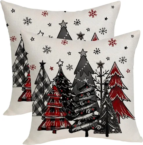 Miniatura 12 de Fundas de almohada navideñas de 18x18 pulgadas, paquete de 2, cuadros búfalo rojo y negro con ciervo, fundas de almohada decorativas, decoración