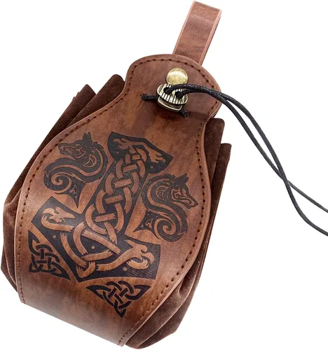 HiiFeuer Bolsa medieval de piel sintética bolsa portátil con cordón bolsa de cinturón vintage para LARP Ren Faire Mjolnir