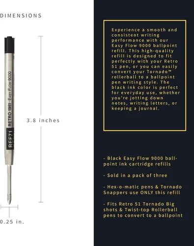 Miniatura 3 de Retro 51 Easy Flow 9000 - Recambios de bolígrafo, tinta negra, paquete de 3 – Diseñado en Alemania para una escritura suave, compatible