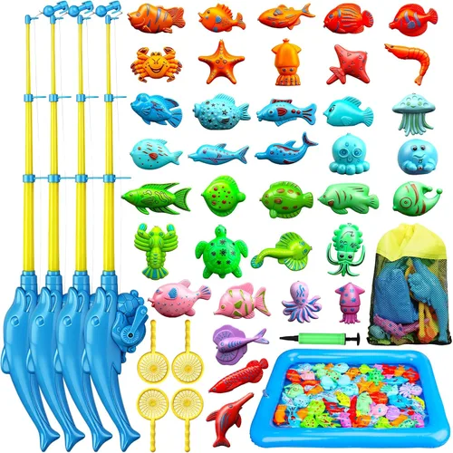 TOY Life Juego de pesca magnético para 4 jugadores para niños de 3 a 5 años, juego de caña de pescar para niños pequeños con juguetes de peces, 4