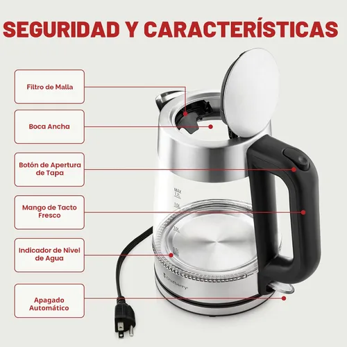 Miniatura 5 de Hervidor eléctrico para hervir té caliente y agua Hervidor de vidrio de borosilicato de acero inoxidable de 1.8L sin plástico, apagado automático