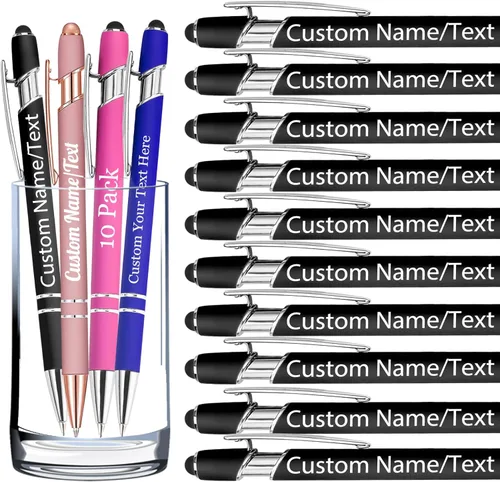 Miniatura 14 de Bolígrafos personalizados con nombre, paquete de 10 bolígrafos personalizados a granel, bolígrafo de tinta negra grabada con punta de lápiz óptico