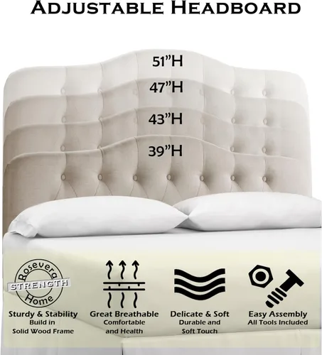 Miniatura 3 de Rosevera Givanna - Cabecero de altura ajustable con tapicería de lino y capitoné de botones para dormitorio, King, color beige clásico