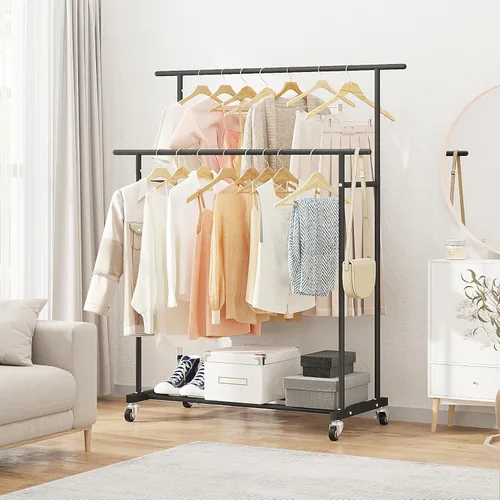 Miniatura 5 de Calmootey Perchero de ropa de doble varilla, organizador portátil para colgar ropa, organizador de ropa rodante para dormitorio, sala de estar, Negro