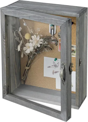 MyGift Caja de sombra profunda de madera maciza gris vintage de 11 x 14 pulgadas con respaldo de tablero de corcho, vitrina montada en la pared con