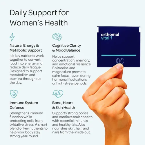 Miniatura 4 de Orthomol Vital F Polvo y Tableta en Sobre, Multivitamínico para Mujeres, Suministro de 30 Días, Vitaminas A, B, C, D, E, K, Calcio, Yodo, Omega-3