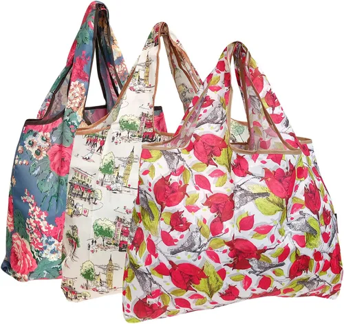 Miniatura 21 de alldyrew - Bolsa plegable para compras, reutilizable de nailon grande, 3 unidades Deliciosos alimentos