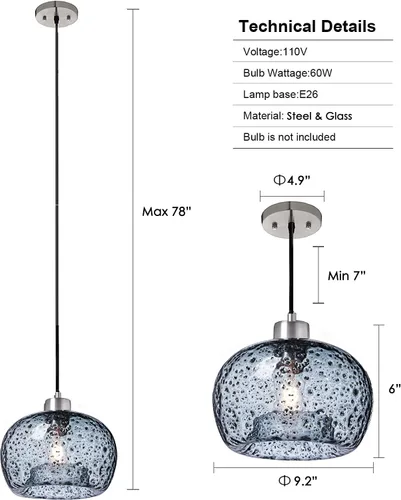 Miniatura 6 de Lámpara colgante de vidrio soplado a mano para isla de cocina, fregadero, restaurante, estilo rústico, gris azulado, negro mate Gris azul-negro mate