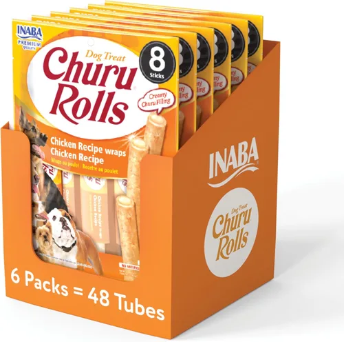INABA Churu Rollos para perros, golosinas suaves y masticables envueltas de pollo al horno, 0.42 onzas cada tubo, 48 tubos en total, receta de pollo