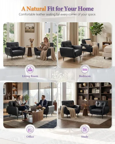 Miniatura 9 de TYBOATLE Juego de 2 sillas de acento, cómodas sillas modernas de sala de estar de cuero negro para lectura, sillas de acento tapizadas