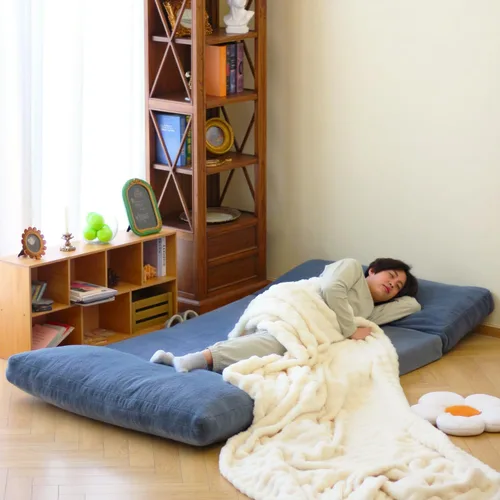 Miniatura 5 de N&V Sofá Cama de Bolsa de Frijoles Plegable, Colchón de Espuma Plegable, Incluye Funda Desmontable y Lavable a Máquina, Suave Forro de Pelo Azul