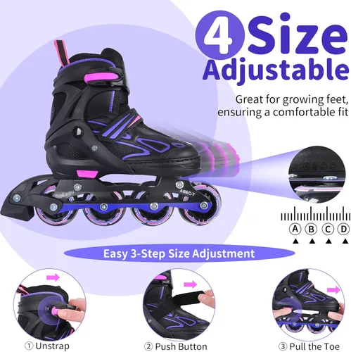 Miniatura 3 de BELEEV Patines en línea con ruedas iluminadas y cordones, cuchillas ajustables de 4 tallas para niños, niños y niñas de 5-8, 8-12, 6-12, patines