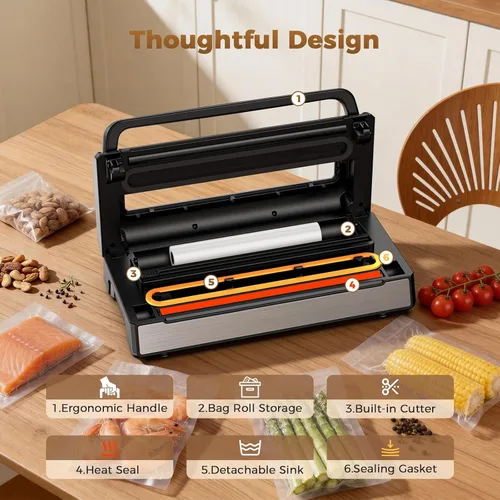 Miniatura 2 de Máquina automática selladora al vacío de alimentos Sellador al vacío de cocina de 180 W para sellado seco, húmedo y de recipiente Base