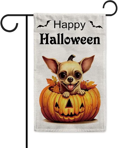 Miniatura 23 de Bandera de jardín de bulldog de Halloween de 12.5 x 18 pulgadas, vertical, doble cara, calabaza de Feliz Halloween, linda cachorro, decoración
