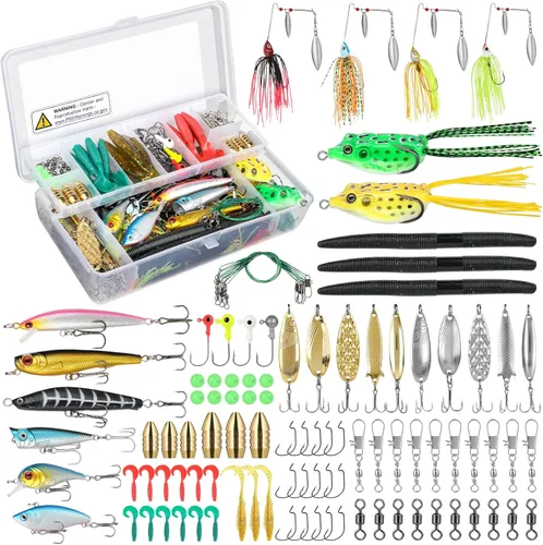 PLUSINNO Señuelos de pesca, cebo que incluye crankbaits, spinnerbaits, gusanos de plástico, plantillas, señuelos de agua superior, caja de aparejos