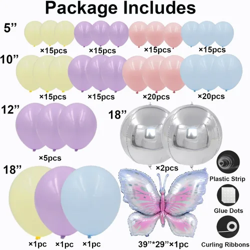 Miniatura 2 de Kit de arco de globos de mariposa, 148 unidades, guirnalda de globos rosa pastel y morado, amarillo, azul, con globo de aluminio de mariposa grande