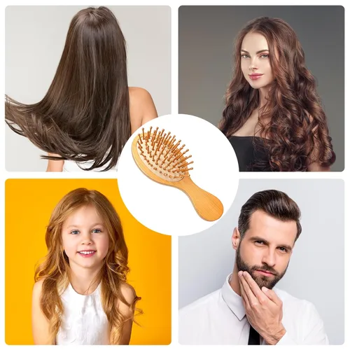 Miniatura 5 de Mini cepillo de bambú para el crecimiento del cabello, cepillo masajeador de madera natural con diseño de mango y pasadores de madera redondos