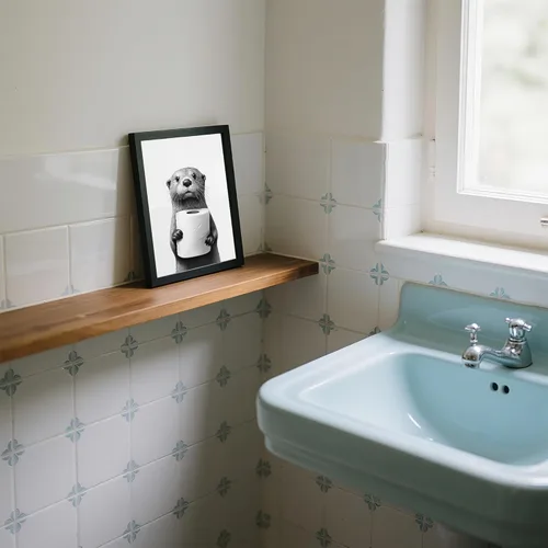 Miniatura 4 de Lienzo enmarcado en blanco y negro para el baño, divertida decoración de baño de animales, linda nutria sosteniendo un rollo de papel higiénico