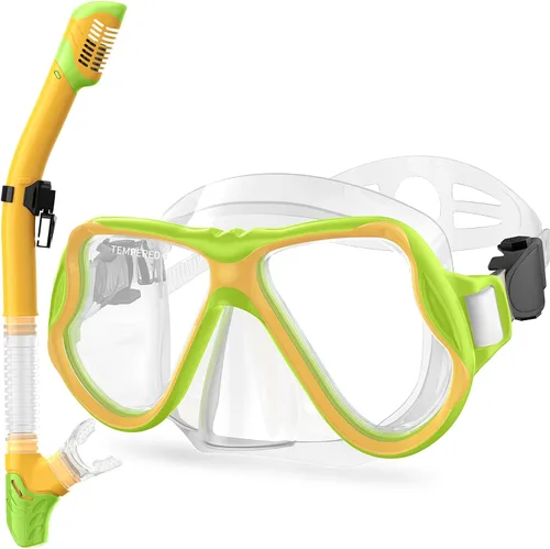 Greatever Snorkeling Gear for Kids, Dry Snorkel Set Panoramic View Snorkel Mask, Anti-Fog Scuba Diving Mask for Kids Youth Age 6-14, Unisex Swimming