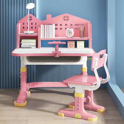 Miniatura 8 de Juego de escritorio y silla ajustable para niños con almacenamiento, cajones, estantería, mesa de escritura y tareas para niños, escritorio