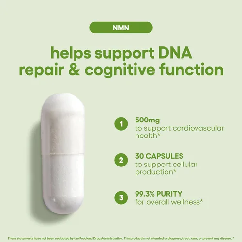 Miniatura 4 de NMN 500mg Cápsulas 99.3% Pureza Mononucleótido de nicotinamida 30 porciones Apoya la reparación del ADN y la función cognitiva Apto
