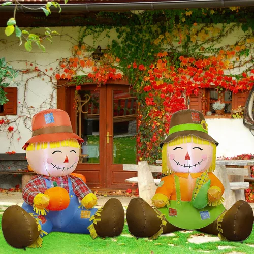 Miniatura 5 de Lulu Home Decoración inflable de otoño de 3.3 pies, juego de 2 espantapájaros soplados con aire para parejas con luces LED integradas para cosecha