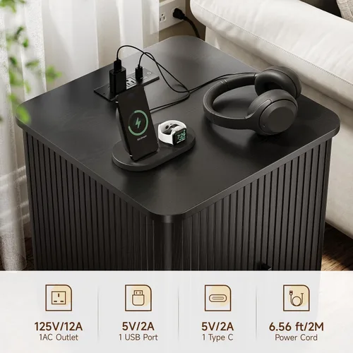 Miniatura 3 de ONBRILL Mesa auxiliar cuadrada con estación de almacenamiento y carga, mesa auxiliar acanalada con puerta corredera y pedestal resistente, mesita