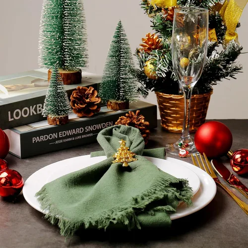 Miniatura 2 de Juego de 12 servilleteros de árbol de Navidad, soporte de hebilla dorada para banquetes, reuniones familiares, cena de mesa, decoración de boda