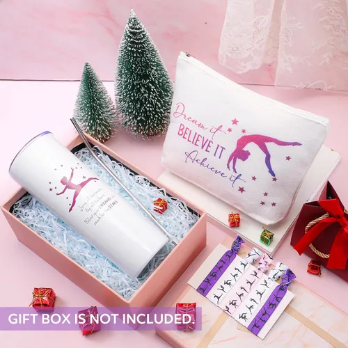 Miniatura 5 de Junkin 3 piezas de regalos de gimnasia para mujeres, incluye vaso de acero inoxidable con bolsa de maquillaje y pajita, lazos elásticos