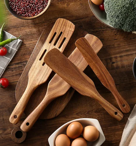 Miniatura 5 de Juego de 6 espátulas de madera para cocinar, juego de 6 espátulas de teca natural con barril de almacenamiento de acero inoxidable, utensilios
