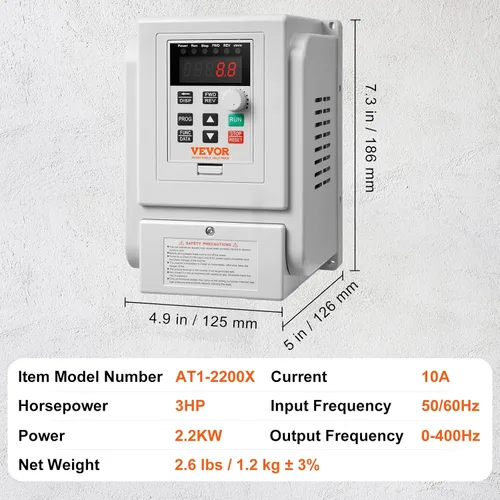 Miniatura 7 de VEVOR VFD 3HP, 2.2KW, 10A, Entrada 1 Fase 220V-240V a Salida 3 Fases 220V-240V Unidad de Frecuencia Variable, VFD 0-400Hz para Control de Velocidad
