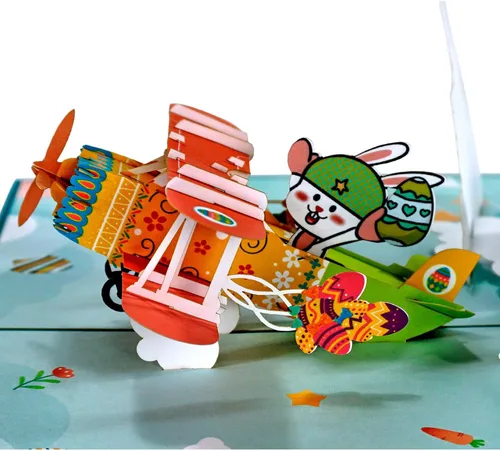 Miniatura 2 de ETA Tarjeta desplegable de Pascua 3D, conejito de Pascua en un avión, tarjeta de felicitación festiva, linda, divertida, tarjeta desplegable