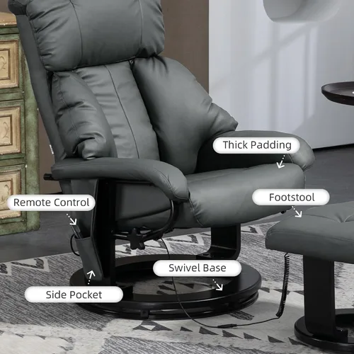 Miniatura 6 de HOMCOM Silla reclinable de masaje con otomana, reclinable giratorio de 360° y reposapiés, vibración de 10 puntos, silla reclinable de piel sintética