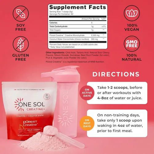 Miniatura 3 de One Sol Creatina para mujeres, polvo de creatina natural para mujer con creatina pura y agua de coco, aumenta la masa muscular magra, reduce