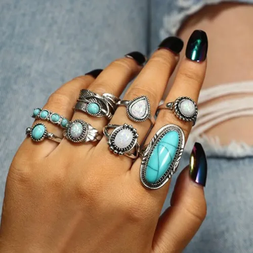 Miniatura 2 de Airvess Juego de anillos vintage para nudillos, anillos apilables de turquesa gruesa, anillos apilables de plata para los dedos, joyería bohemia