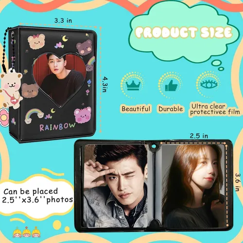 Miniatura 5 de Kpop - Portatarjetas para tarjetas fotográficas de 3 pulgadas, color negro, mini álbum con bonito colgante, 40 bolsillos, 20 páginas
