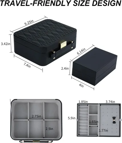 Miniatura 7 de V-LAFUY Joyero para mujer, organizador de joyas de viaje con bandeja de joyería para anillos, aretes, collares, pulseras y relojes, color negro