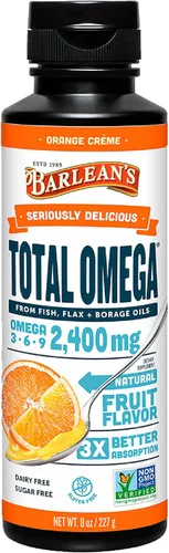 Barlean's Total Omega 3 6 9 Orange Crème Suplemento de aceite de pescado líquido con borraja y aceite de linaza, 2,400 mg de Omegas EPA y DHA Plus