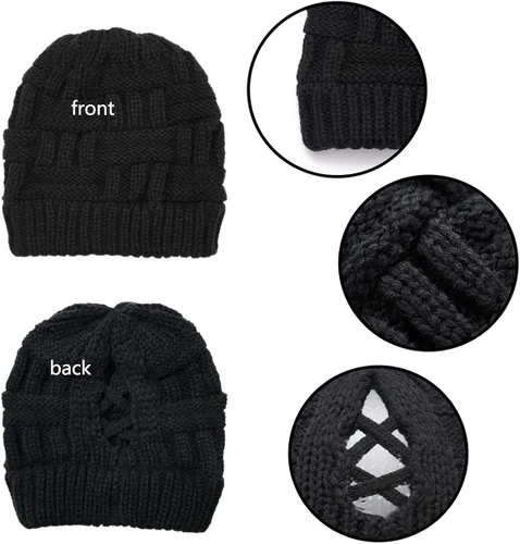Miniatura 3 de DANMY Gorro de cola de caballo para mujer, gorro de moño con agujero para cola de caballo, gorro de punto cálido de invierno