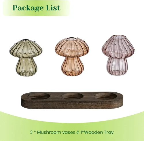 Miniatura 7 de Hewory Estaciones de propagación de vidrio para plantas: jarrones de hongos ámbar con soporte de madera para decoración del hogar - Jarrones